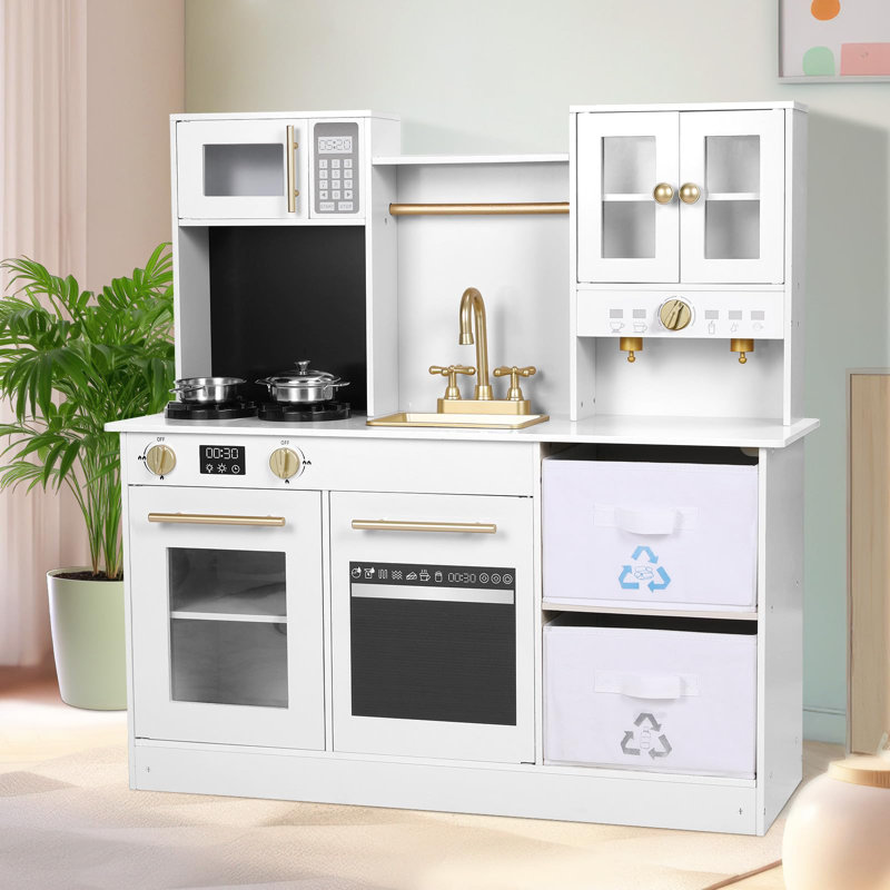 Kids Play Kitchen Wooden Pretend Toy Kitchen Toodler Cooking Playset Stove W light Sound Sink Microwave 2 Fabric Boxs Dishwasher White